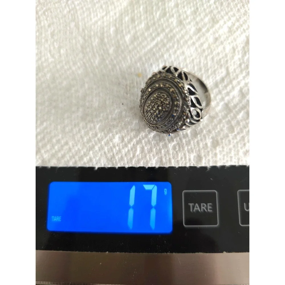 Vintage 925 Sterling Silver Marcasite Oval Statement Ring Size 10 17g